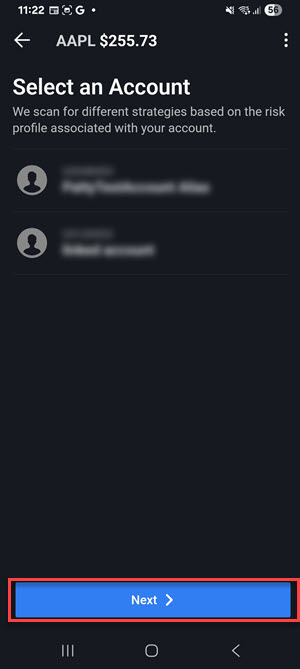 The option wizard select account on the android phone. 